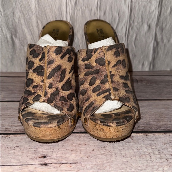 Michael Kors Belinda Mule Brown Leopard Suede Studded cork Wedge Heels - Picture 2 of 6